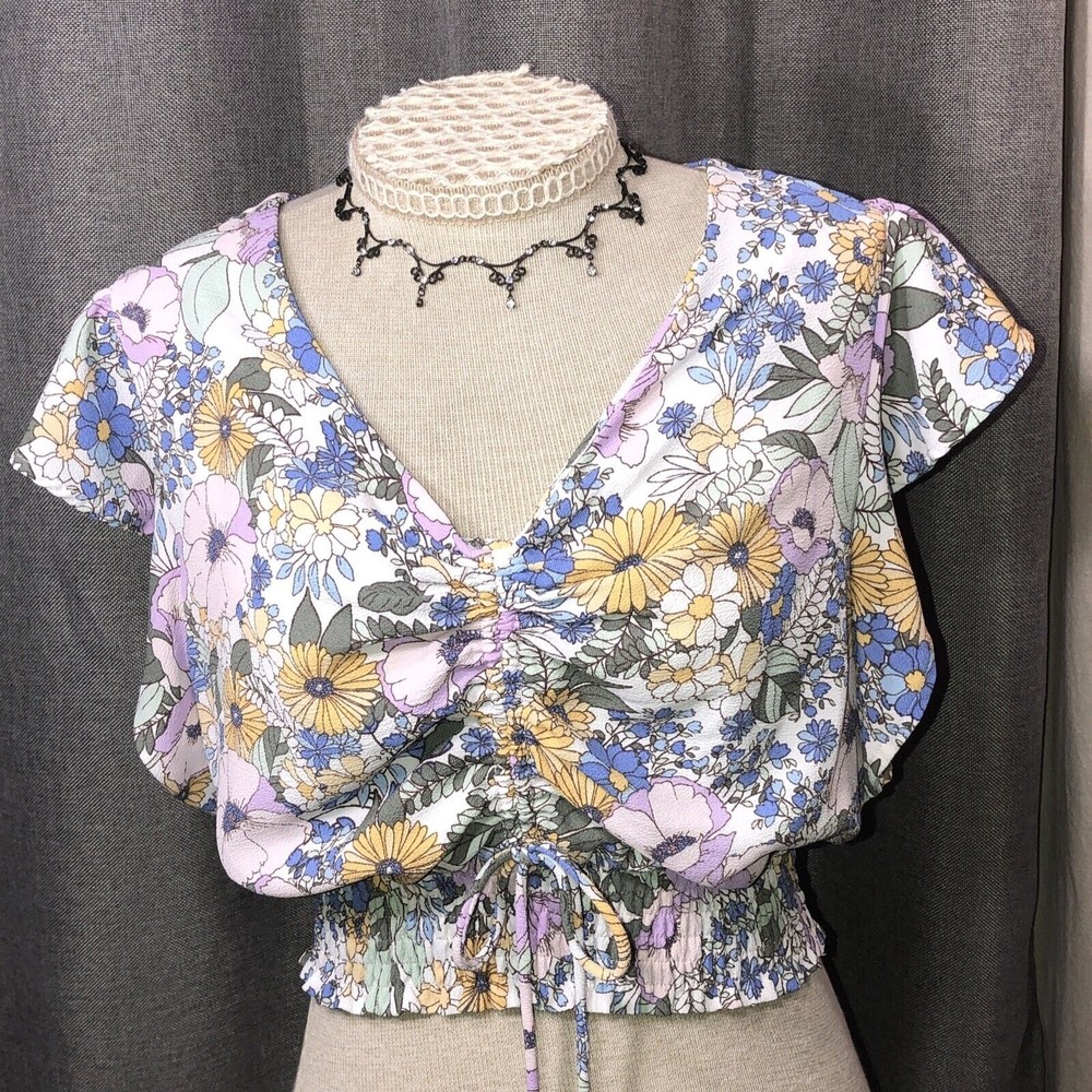 Monteau Los Angeles Multi Colored Floral Flutter Sleeve Crop Top XL